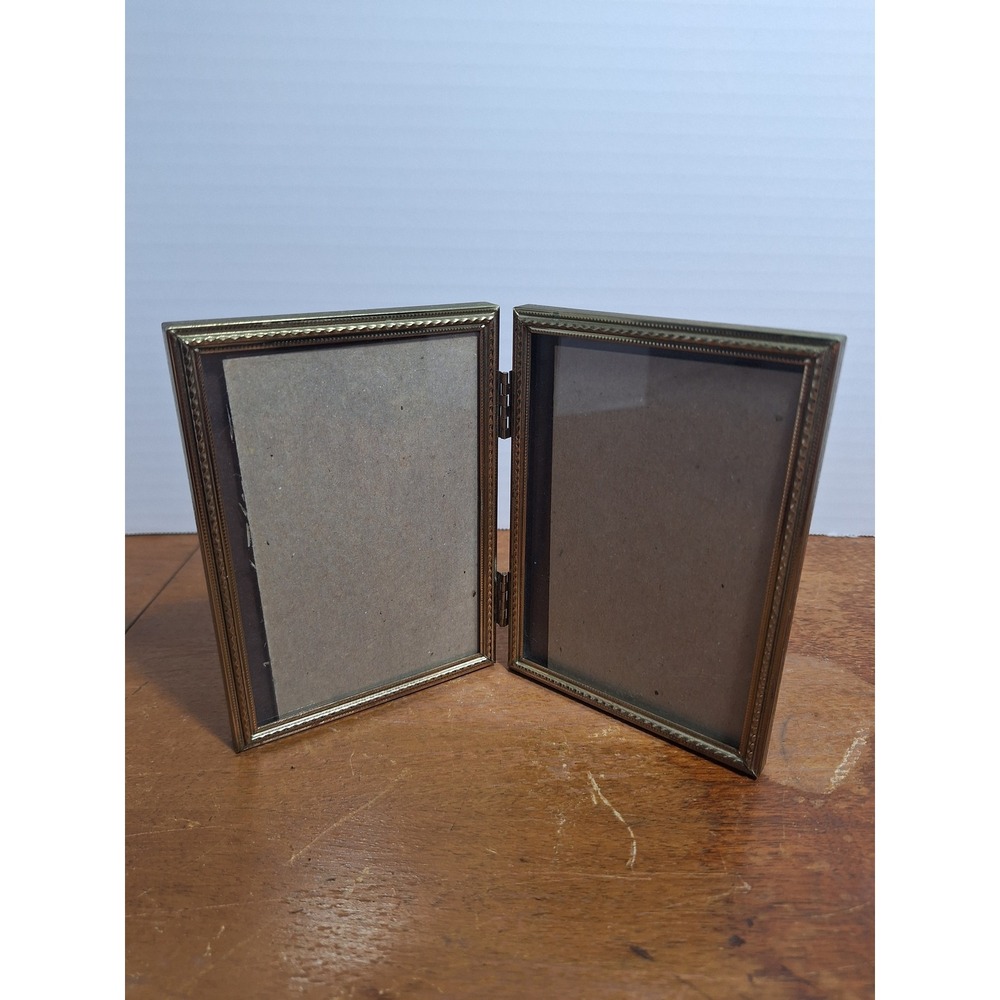 Vintage Brass Double Picture Frame Hinged Folding Filigree Gold Tone 5x3.5